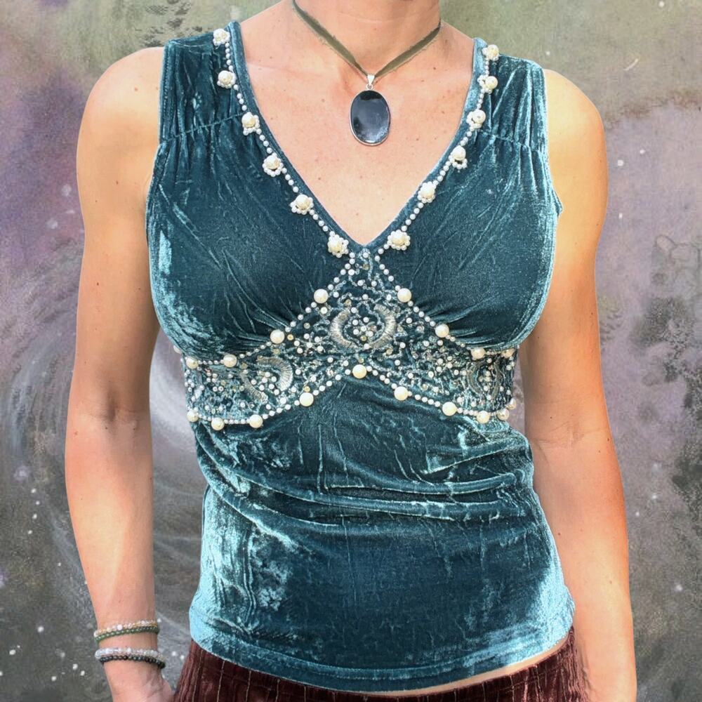 Deadstock Teal Velvet Pearl Beaded Top Whimsigoth Fairy Y2K